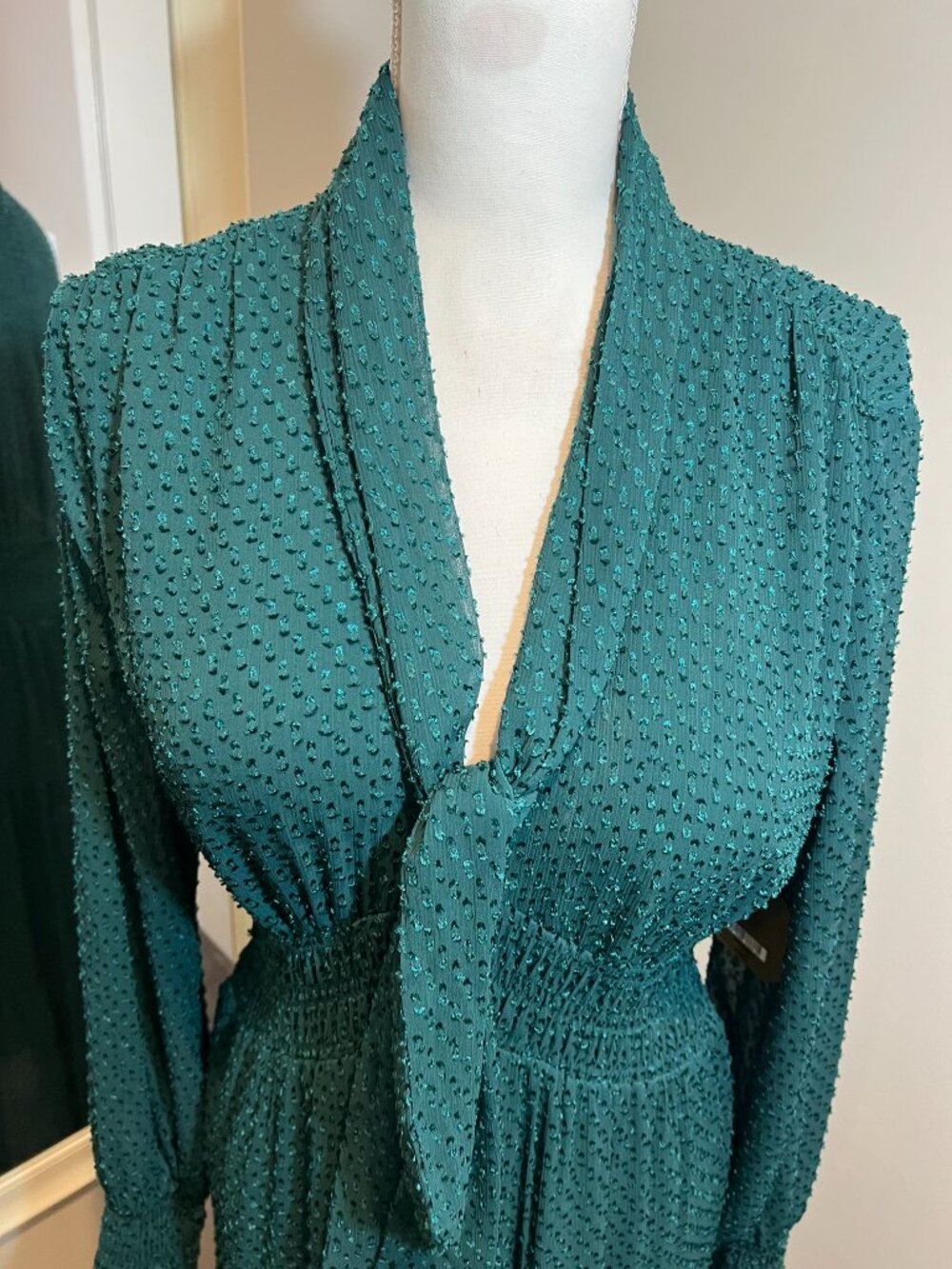 NWT RYEGRASS Emerald Green Clip Dot Long Sleeve Tie Neck Maxi Dress, Size Med - Picture 3 of 16